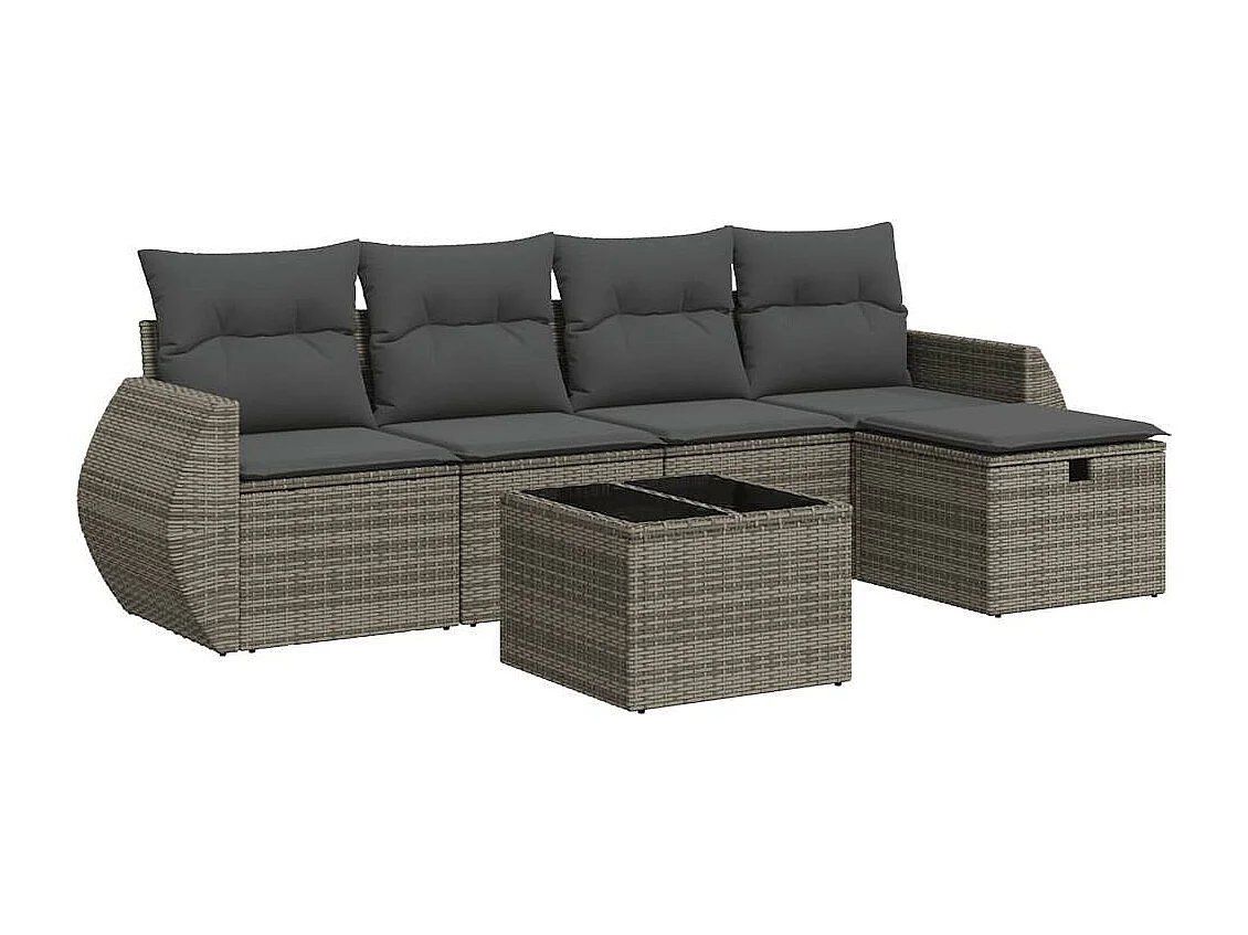 Set de muebles de jardín 6 piezas y cojines ratán sintético gris