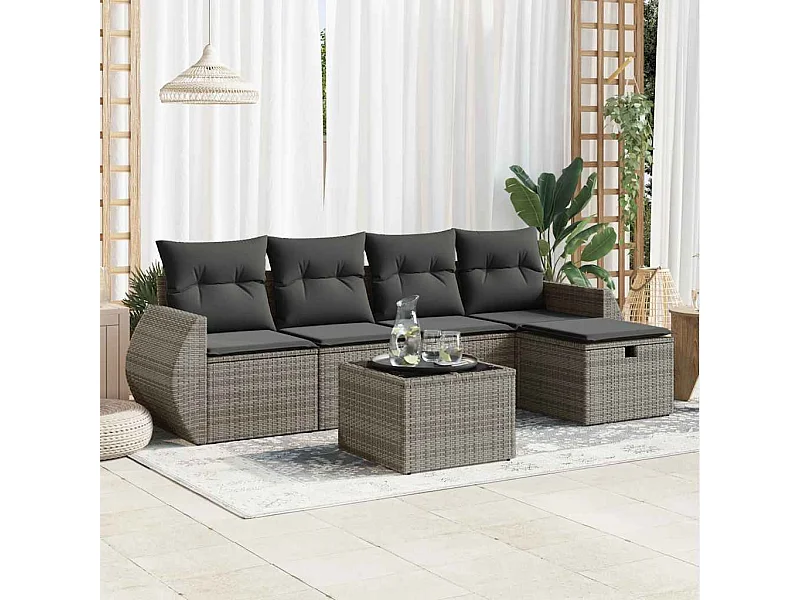 Set de muebles de jardín 6 piezas y cojines ratán sintético gris