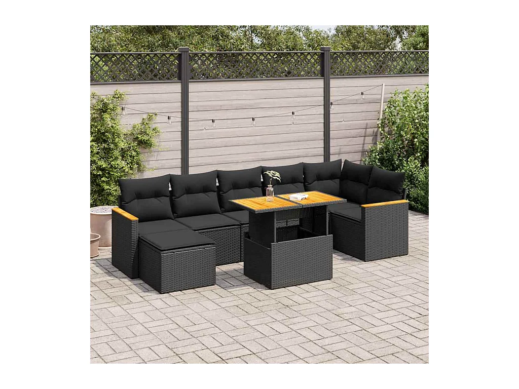 Salon de jardin avec coussins 8 pièces noir résine tressée acacia