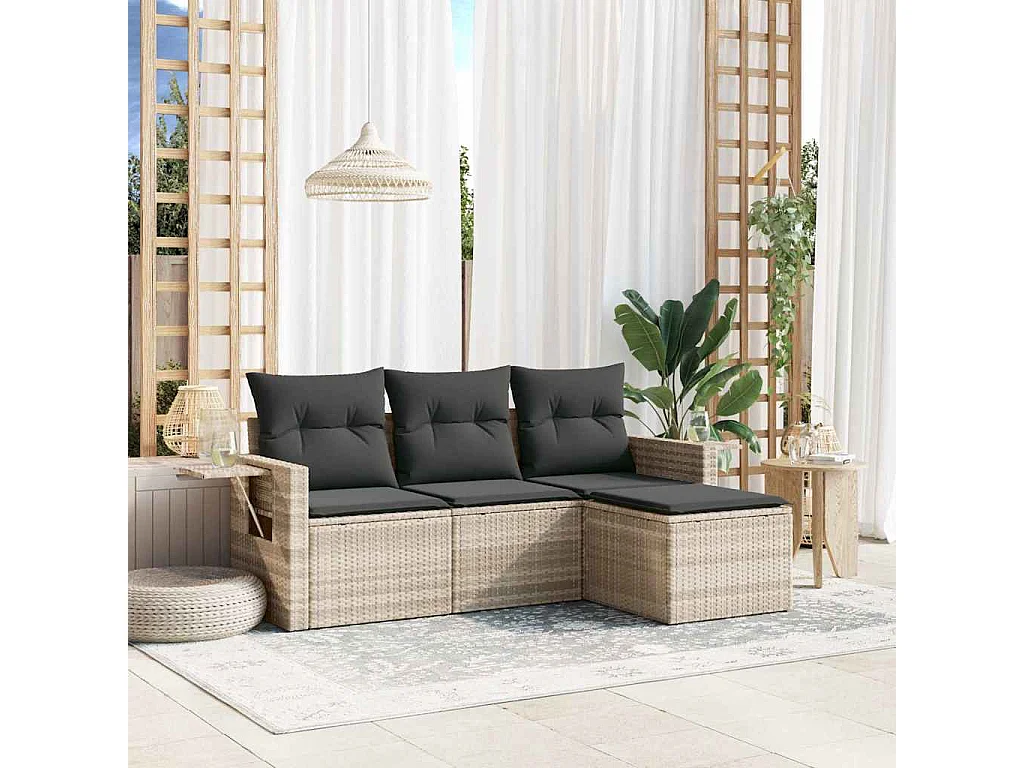 Salon de jardin 4 pièces avec coussins gris clair résine tressée