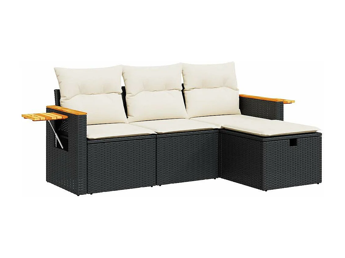 4-delige Loungeset met kussens poly rattan zwart