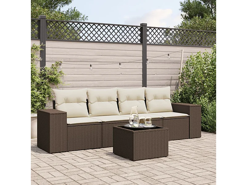 5-delige Loungeset met kussens poly rattan bruin