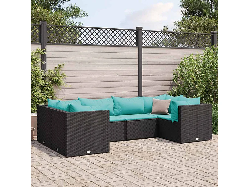 6-delige Loungeset met kussens poly rattan zwart