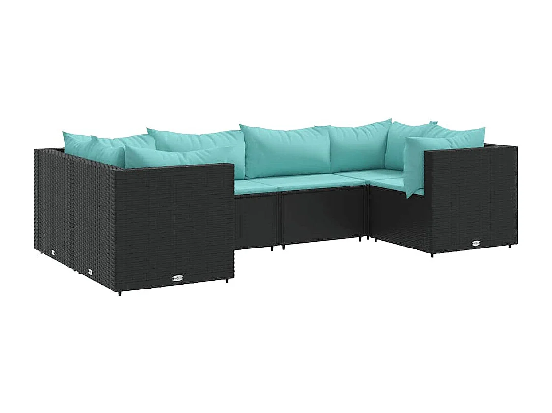 6-delige Loungeset met kussens poly rattan zwart