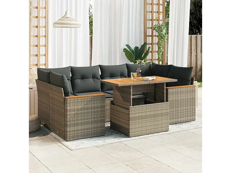 Salon de jardin avec coussins 6 pièces gris résine tressée acacia