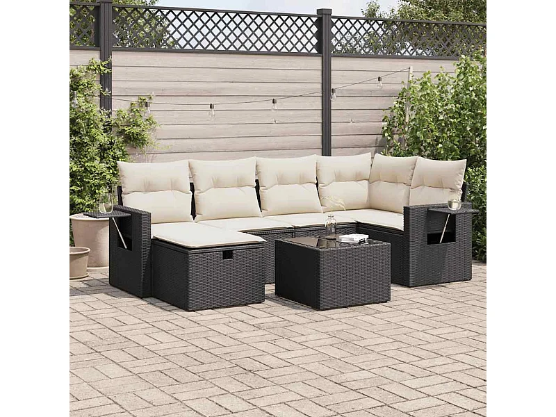 7-delige Loungeset met kussens poly rattan zwart