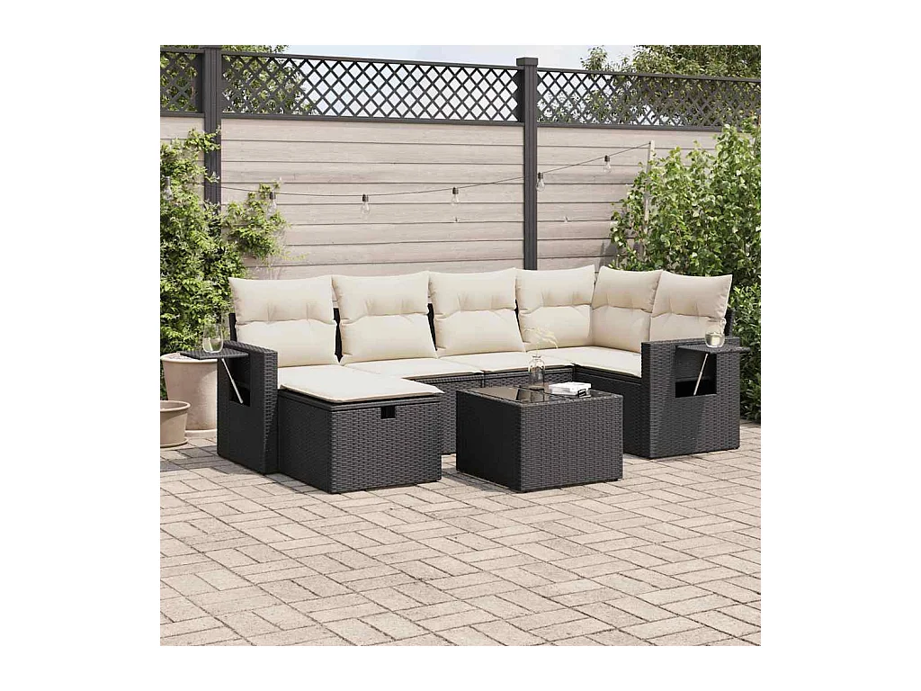 Salon de jardin 7 pièces avec coussins noir résine tressée