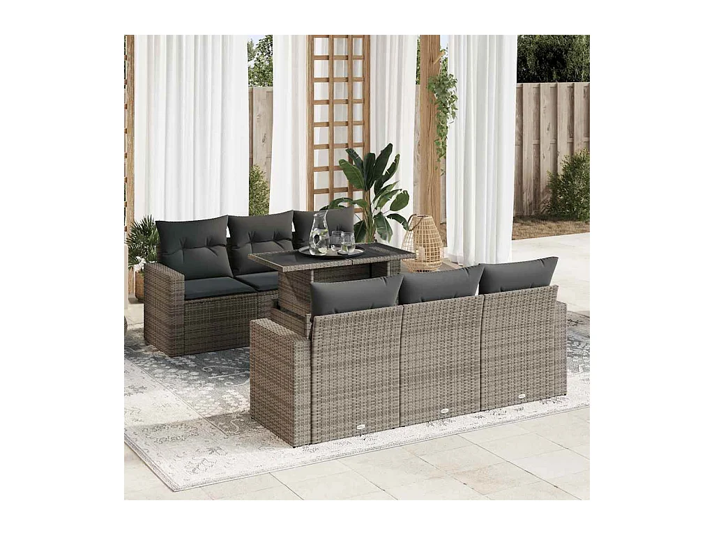 Salon de jardin avec coussins 7 pièces gris résine tressée