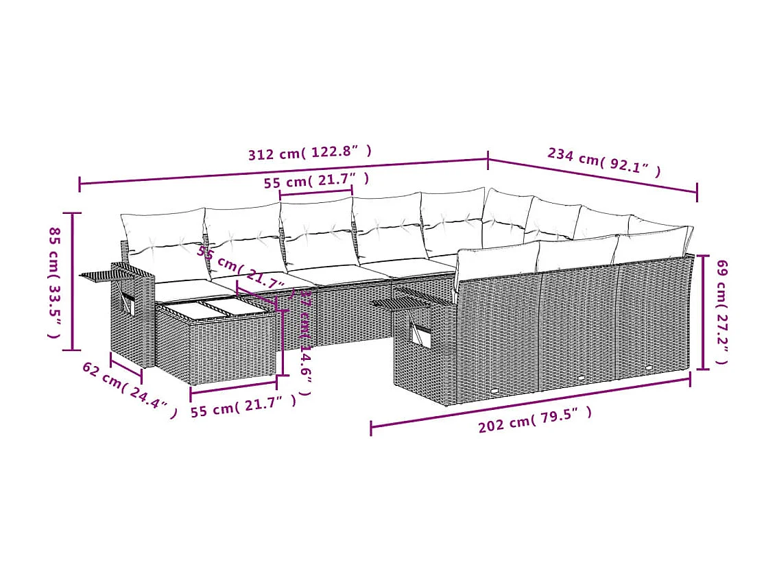 11 peças conjunto sofás de jardim com almofadões vime PE cinzento
