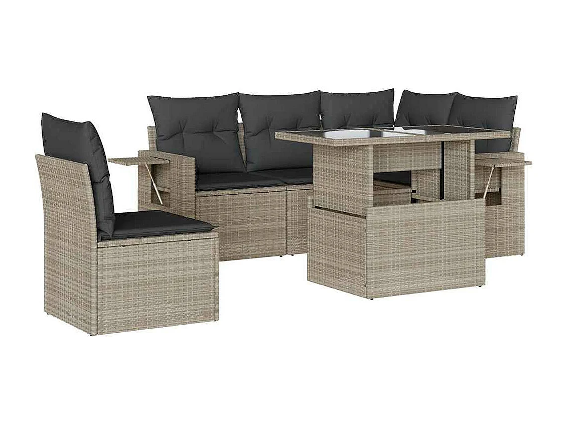 Salon de jardin 6 pièces avec coussins gris clair résine tressée