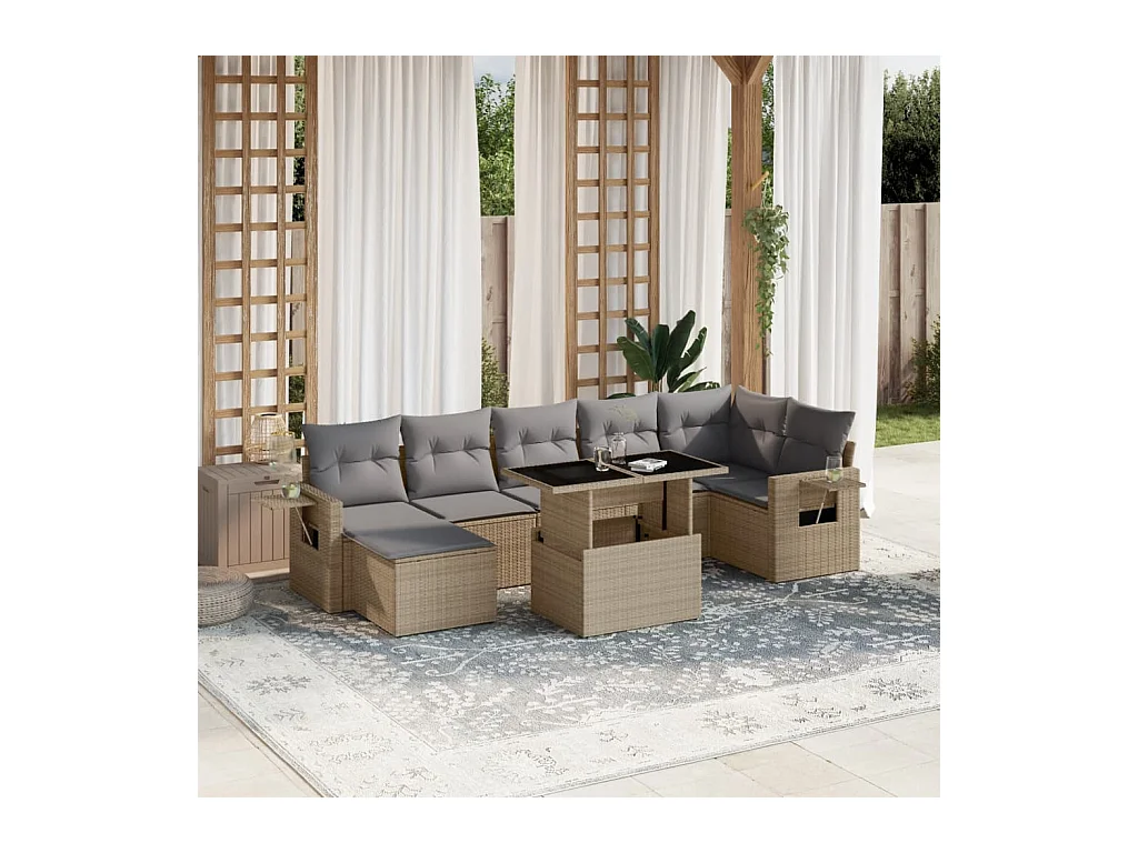 8 peças conjunto de sofás para jardim com almofadões vime PE bege