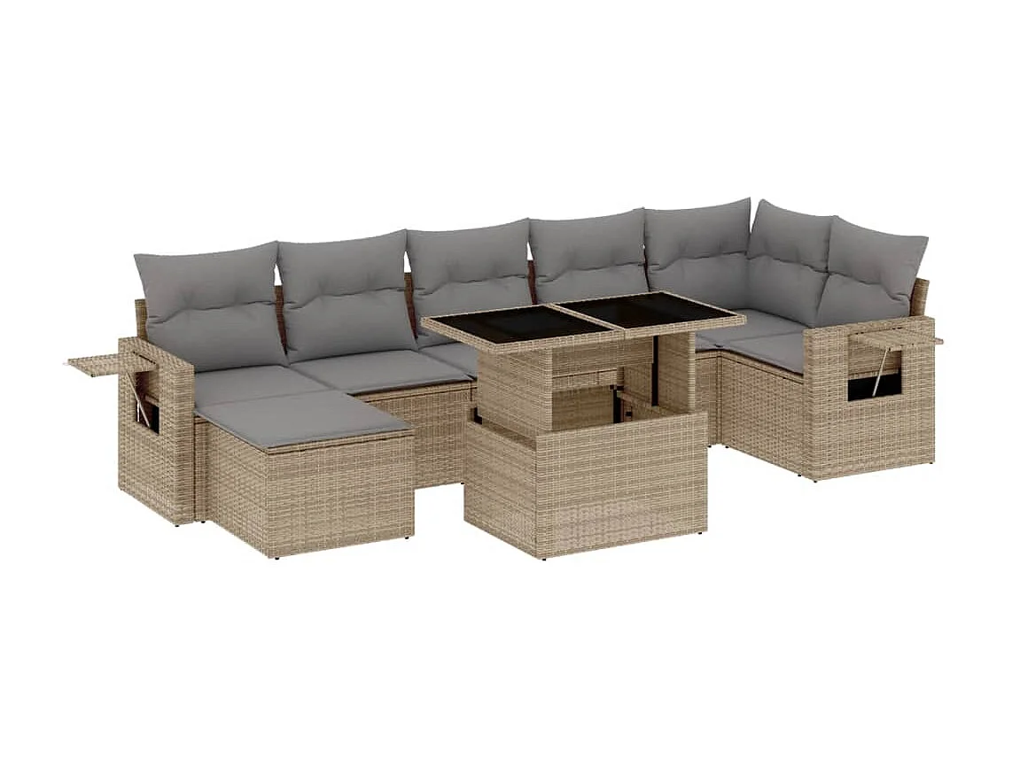 8 peças conjunto de sofás para jardim com almofadões vime PE bege