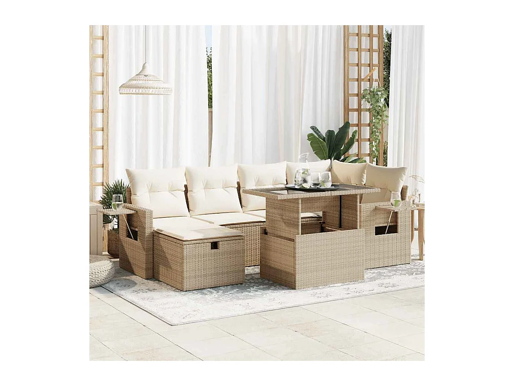 7-delige Loungeset met kussens poly rattan beige