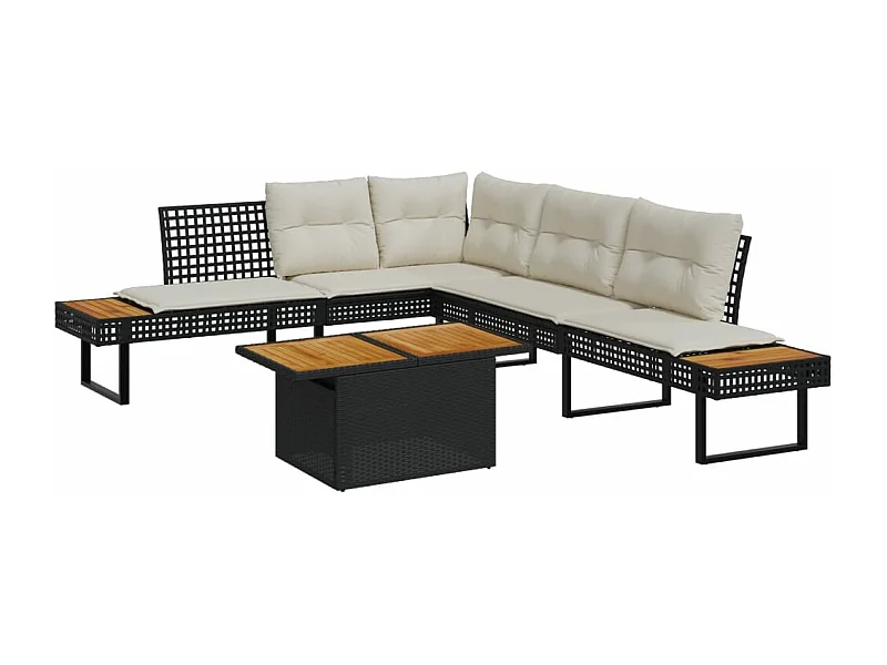 2-delige Loungeset met kussens poly rattan en acaciahout zwart