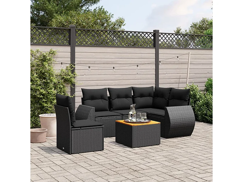 6-delige Loungeset met kussens poly rattan zwart