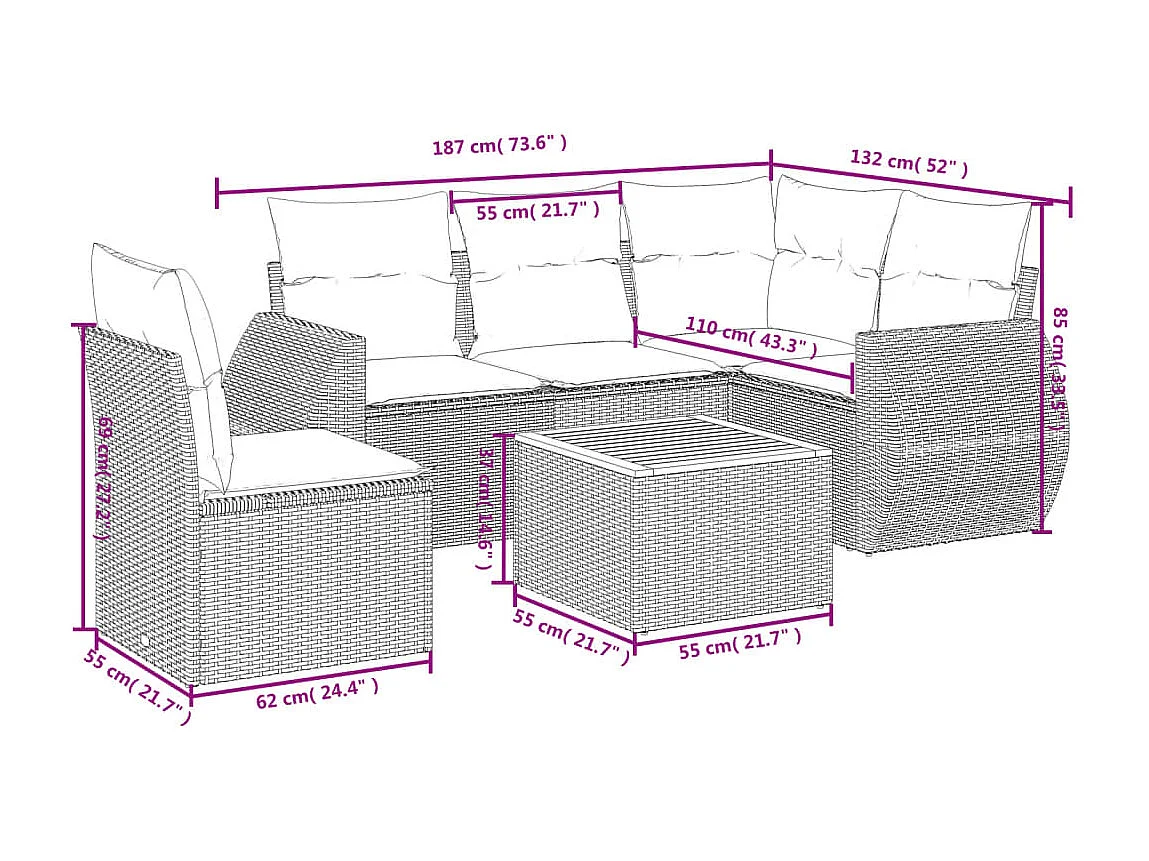 6-delige Loungeset met kussens poly rattan zwart