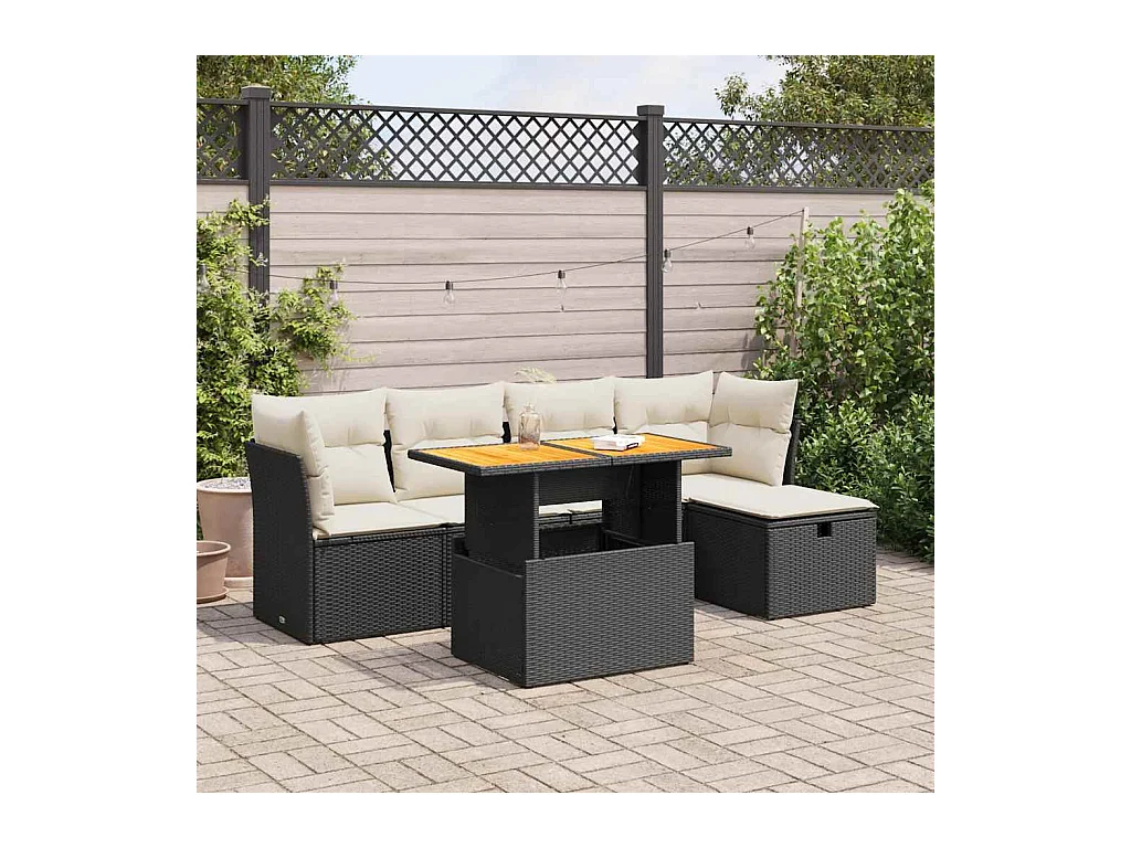 Salon de jardin 6 pièces avec coussins noir résine tressée acacia