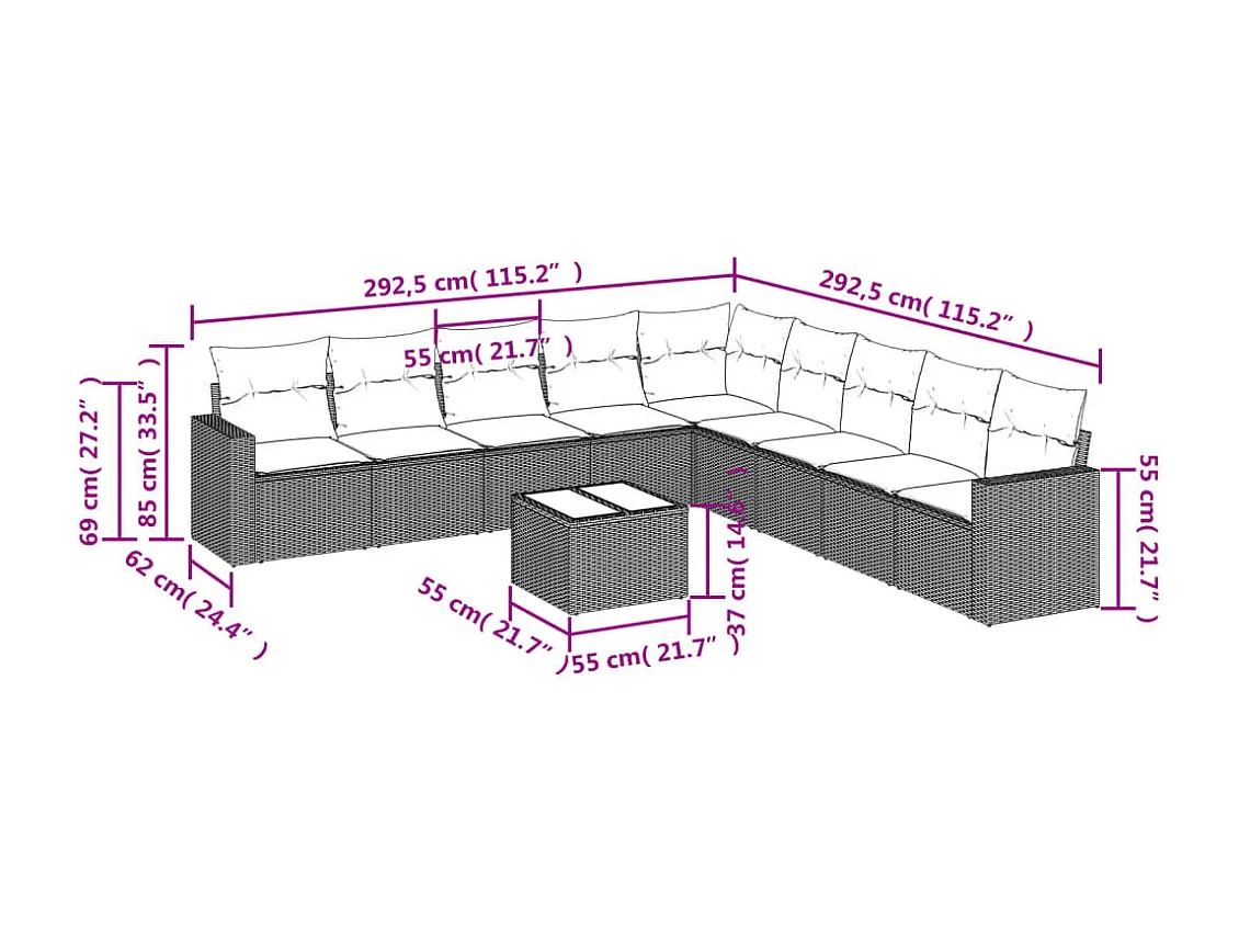 Salon de jardin avec coussins 10 pièces gris clair résine tressée