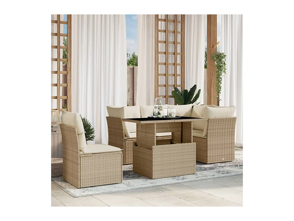 Salon de jardin avec coussins 6 pièces beige résine tressée