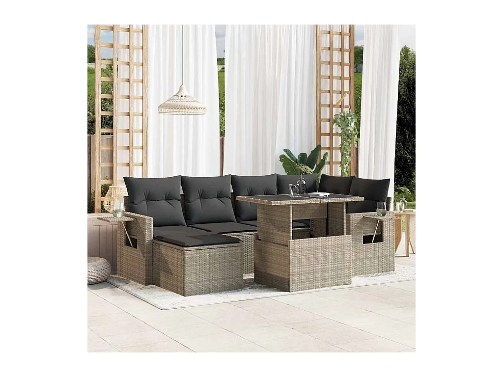 Set de sofás de jardín 7 piezas con cojines ratán PE gris claro