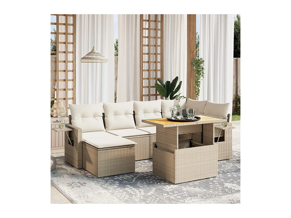 7-delige Loungeset met kussens poly rattan beige