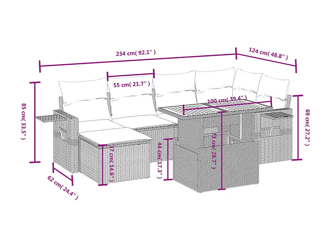 Salon de jardin avec coussins 7 pièces beige résine tressée