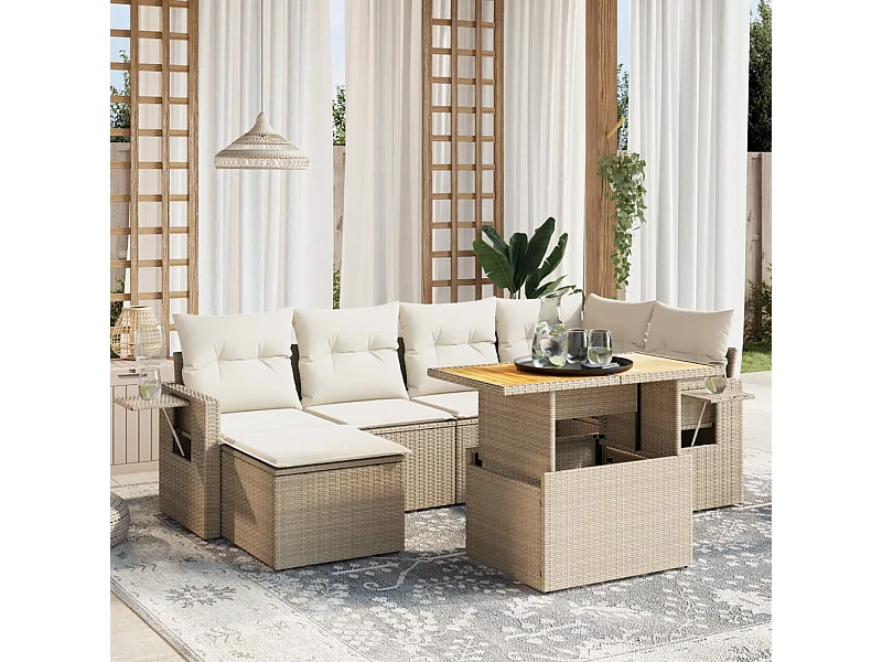 Salon de jardin avec coussins 7 pièces beige résine tressée