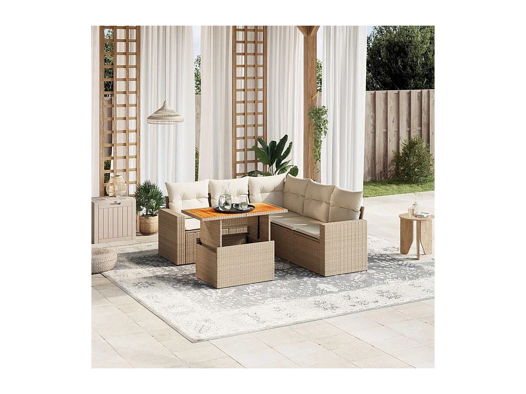 Salon de jardin avec coussins 6 pièces beige résine tressée