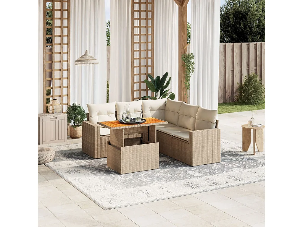 6-delige Loungeset met kussens poly rattan beige