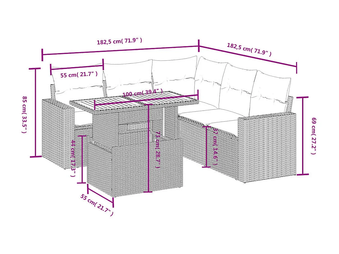 6-delige Loungeset met kussens poly rattan beige