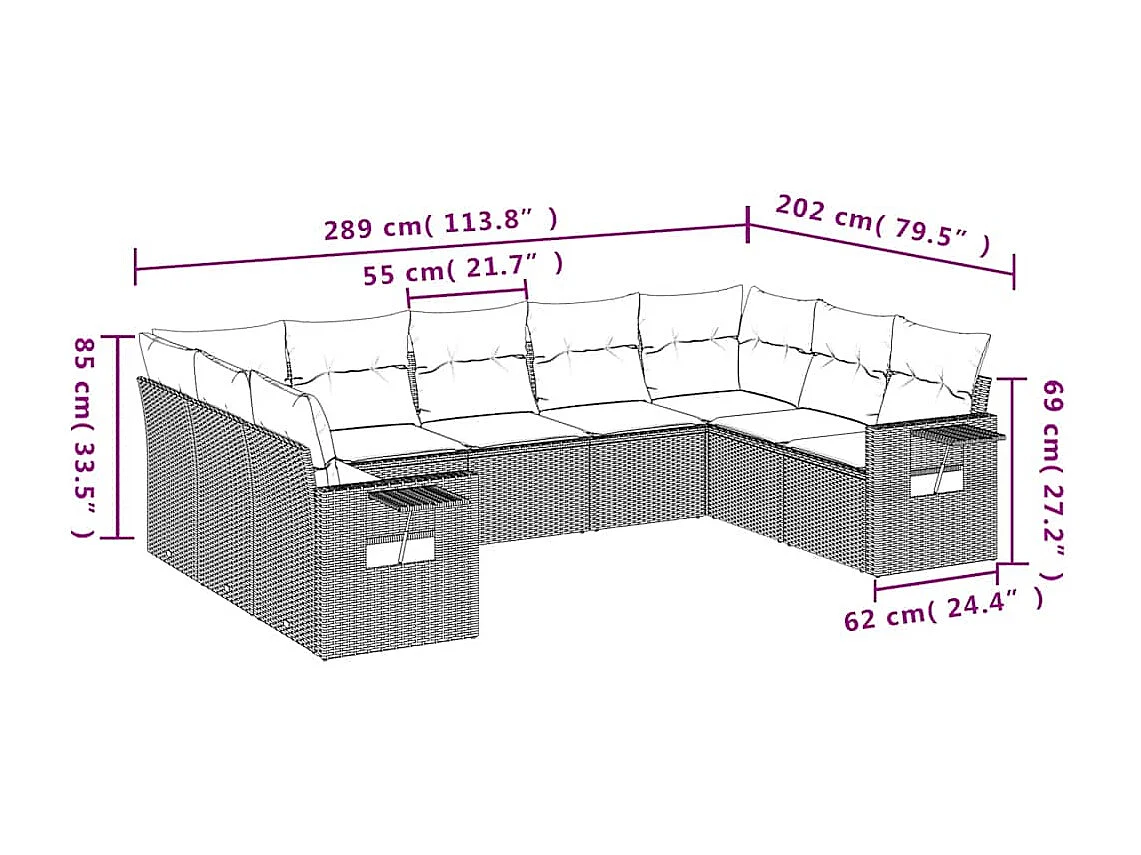 9-delige Loungeset met kussens poly rattan lichtgrijs