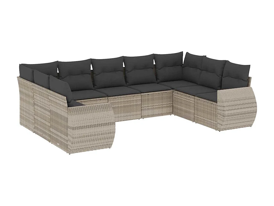 Salon de jardin 9 pièces avec coussins gris clair résine tressée