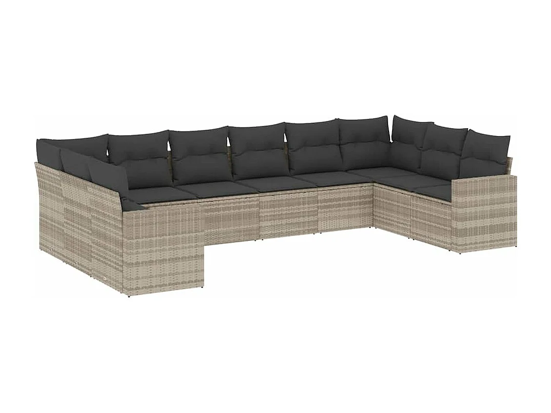 10-delige Loungeset met kussens poly rattan lichtgrijs