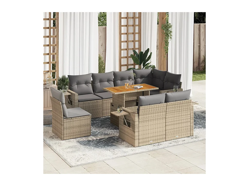 Salon de jardin avec coussins 9 pièces beige résine tressée