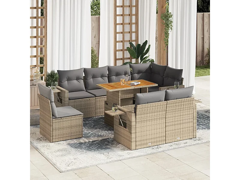 Salon de jardin avec coussins 9 pièces beige résine tressée