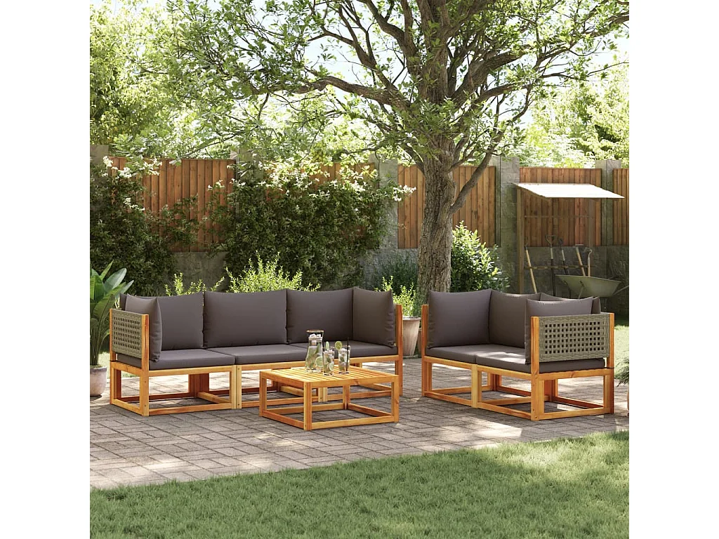 Salon de jardin avec coussins 6 pièces bois d'acacia solide