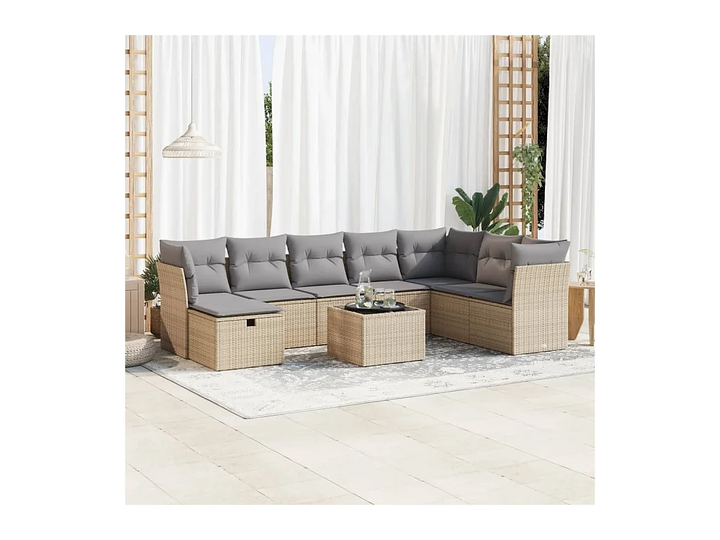 9 peças conjunto de sofás para jardim com almofadões vime PE bege