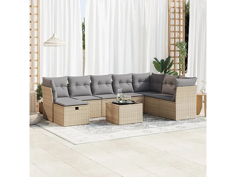 Salon de jardin avec coussins 9 pièces beige résine tressée