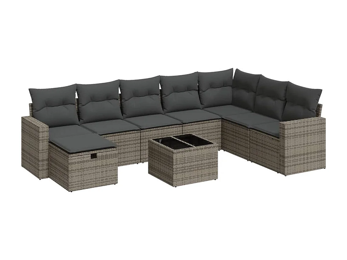 Set de sofás de jardín con cojines 9 piezas ratán sintético gris
