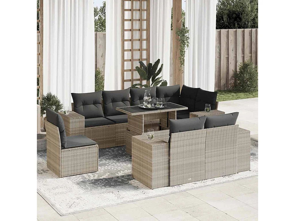 9-delige Loungeset met kussens poly rattan lichtgrijs