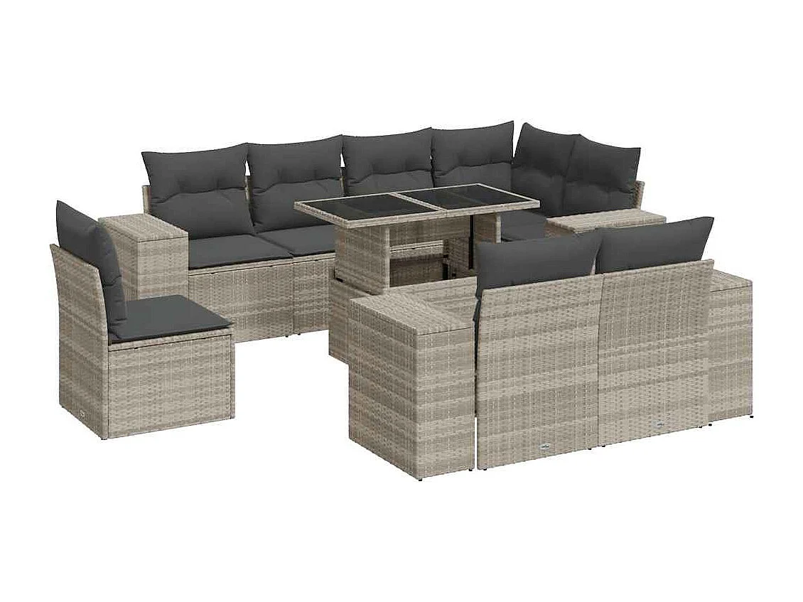 9-delige Loungeset met kussens poly rattan lichtgrijs