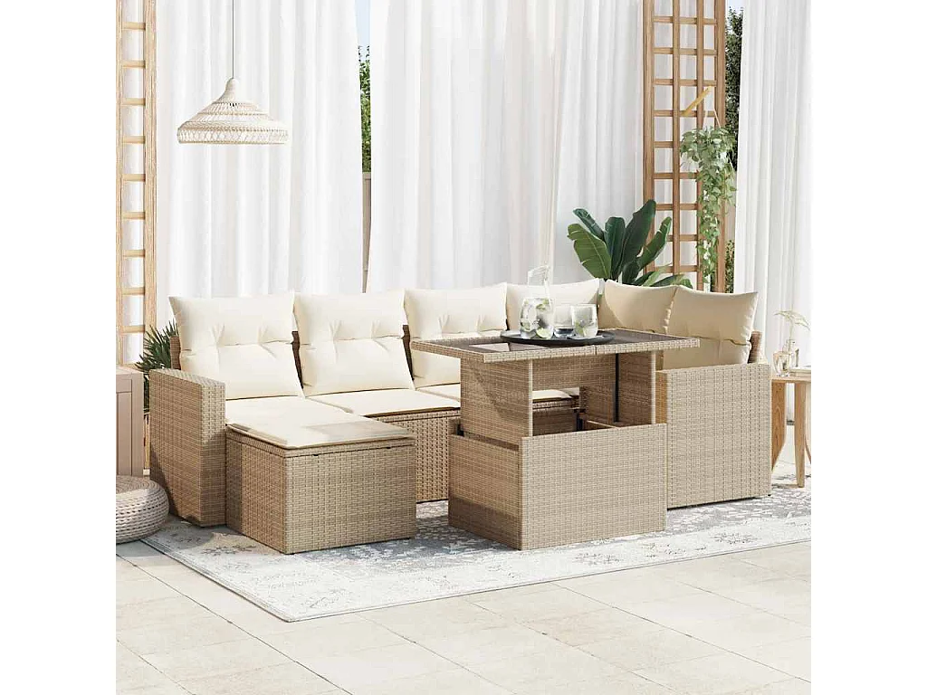 7-delige Loungeset met kussens poly rattan beige