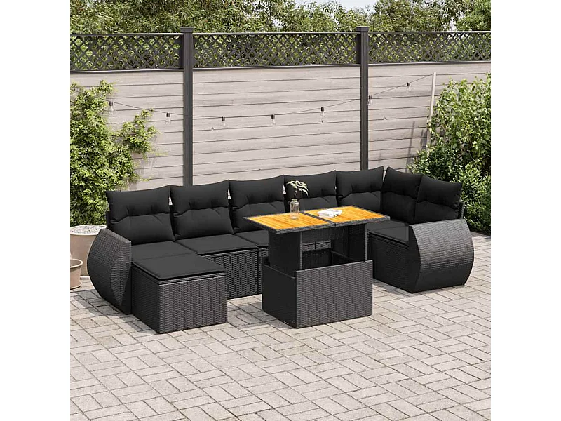 8-delige Loungeset met kussens poly rattan zwart