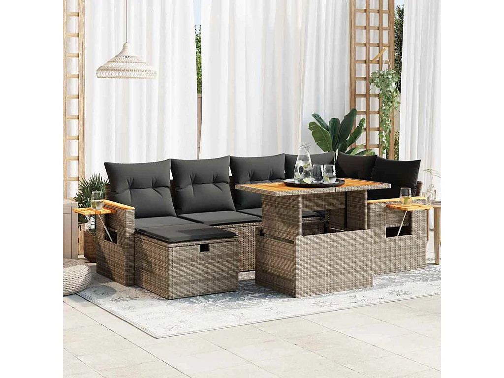 Salon de jardin 8 pièces avec coussins gris résine tressée