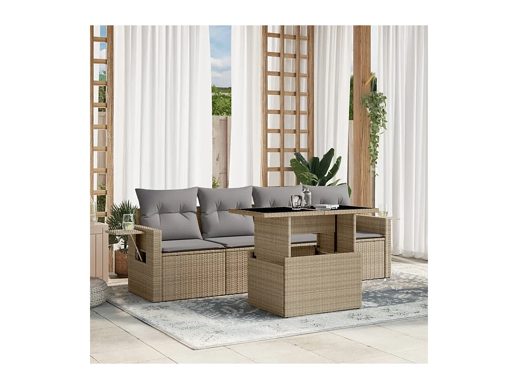 Salon de jardin avec coussins 5 pièces beige résine tressée