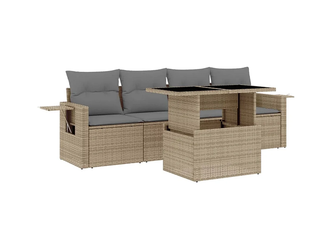 Salon de jardin avec coussins 5 pièces beige résine tressée