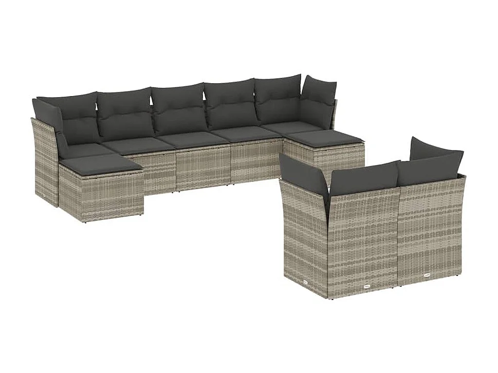 9 peças conj. sofás jardim com almofadões vime PE cinzento-claro