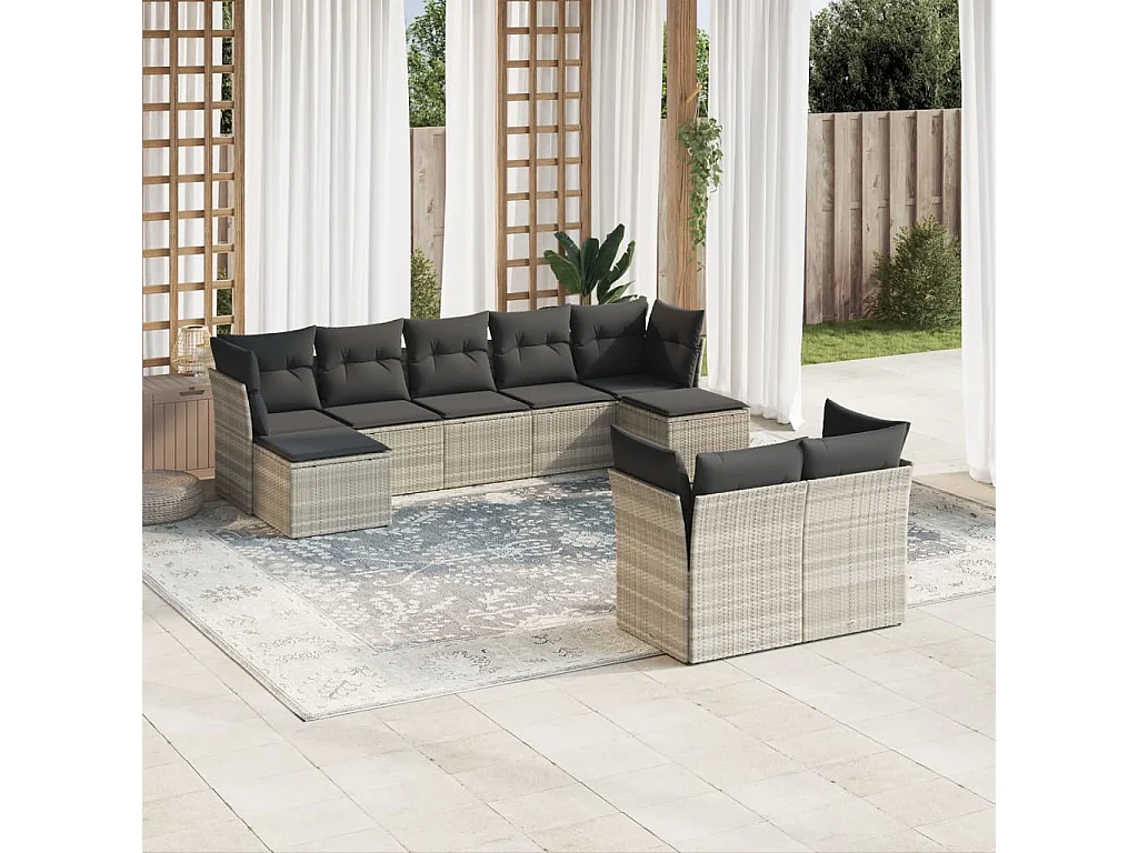 Salon de jardin 9 pièces avec coussins gris clair résine tressée