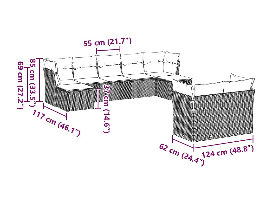 Salon de jardin 9 pièces avec coussins gris clair résine tressée