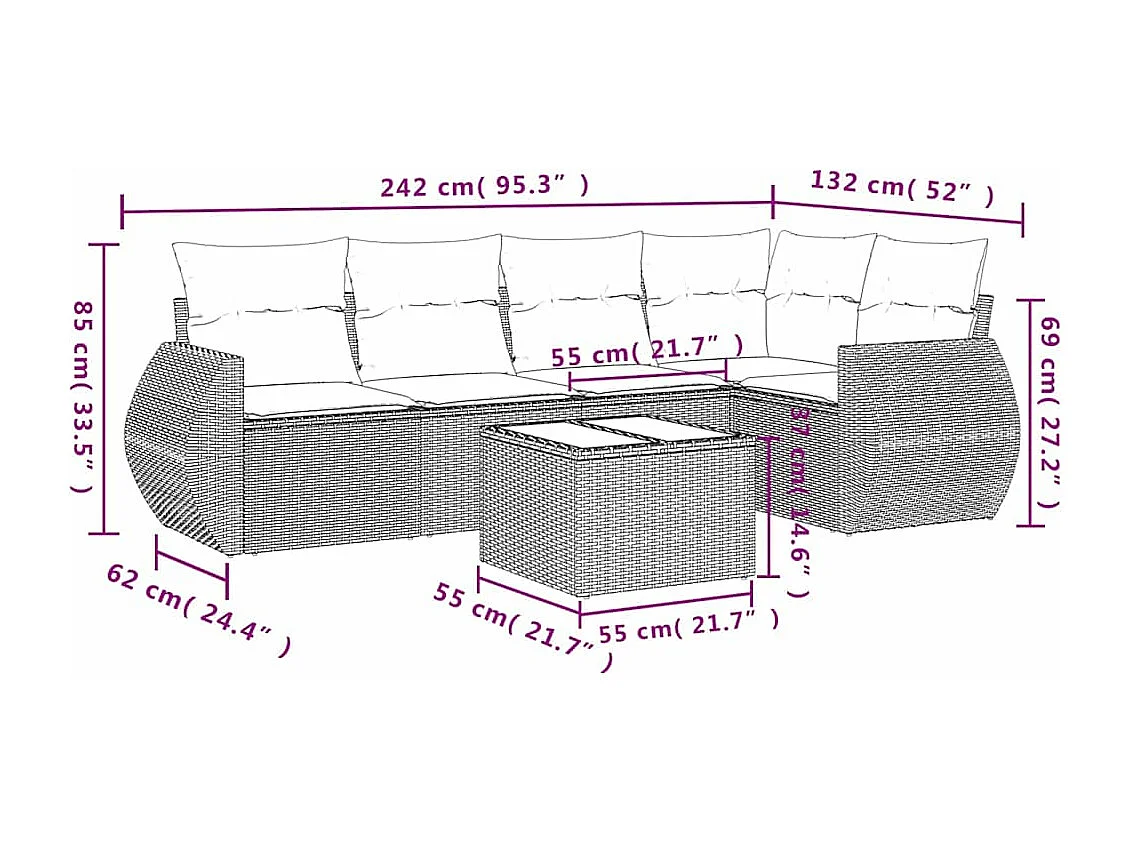 Set de sofás de jardín 6 piezas y cojines ratán sintético gris